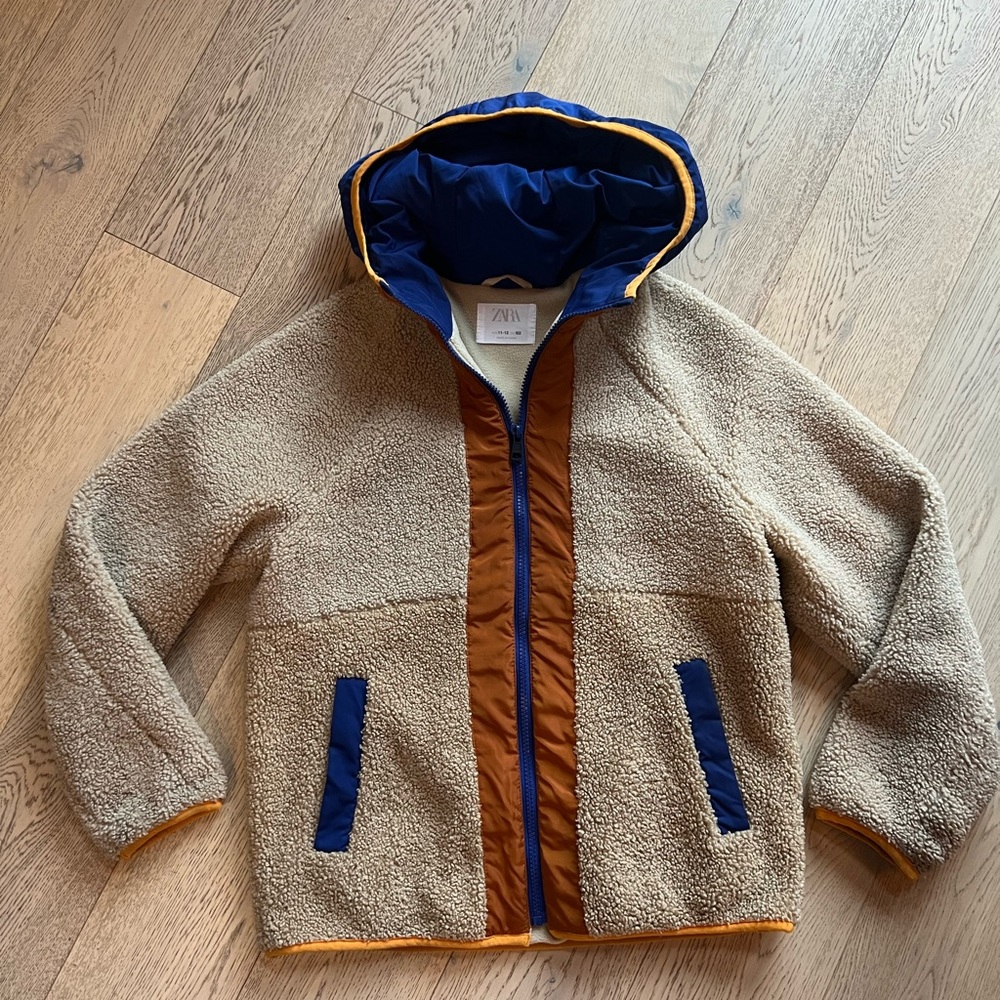 Kids Sherpa Jacket with Hood - Tan and Blue